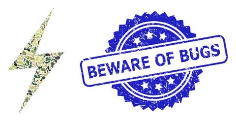 Textured Beware of Bugs Seal and Military Camouflage Collage of Electric Strike Illustrazione stock