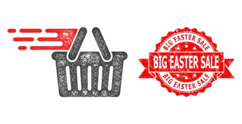 Textured Big Easter Sale Stamp and Linear Shopping Basket Icon Stock Illustration