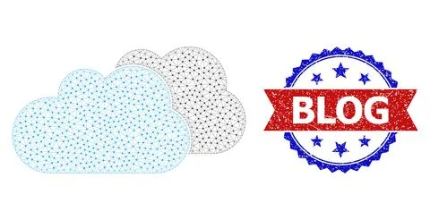 Textured Blog Round Rosette Bicolor Badge and Mesh Wireframe Clouds Illustrazione stock