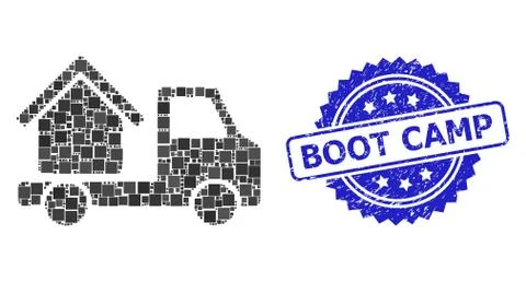 Textured Boot Camp Stamp Seal and Square Dot Collage House Trailer 스톡 일러스트