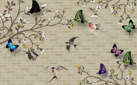 Textured brick wall with a pattern of flowers, large bright butterflies Illustrazione stock