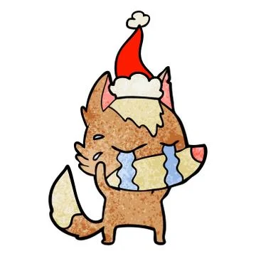 Textured cartoon of a crying wolf wearing santa hat Stockillustratie