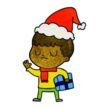 Textured cartoon of a grumpy boy wearing santa hat Stock Illustration