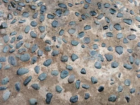 Textured Concrete Floor with Embedded Smooth Black Pebble Stones Photos