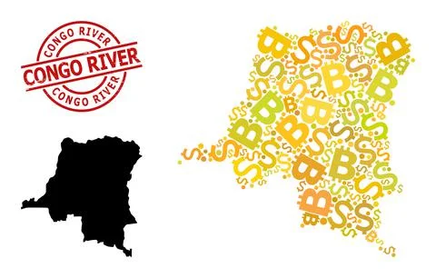 Textured Congo River Stamp with Dollar and BTC Gold Mosaic Map of Democratic Stock Illustration