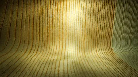 Textured curved wood background. empty podium lit in the middle. 3d render il Illustrazione stock