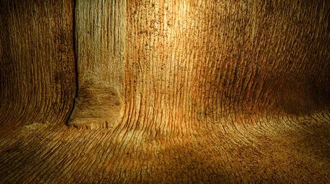 Textured curved wood background. empty podium lit in the middle. 3d render il Stock Illustration