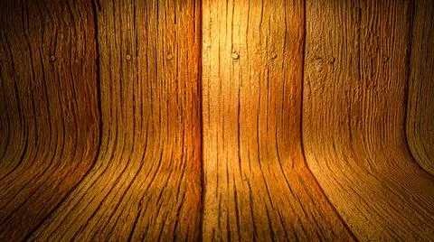 Textured curved wood background. empty podium lit in the middle. 3d render il Illustrazione stock