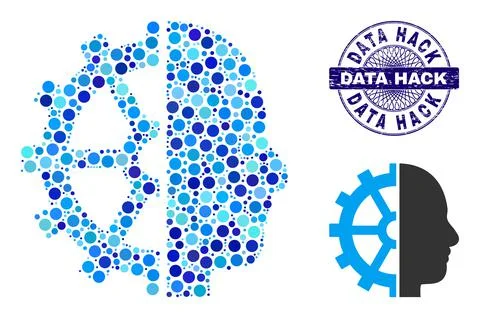 Textured DATA HACK Round Guilloche Seal and Cyborg Gear Composition Icon of Stock Illustration