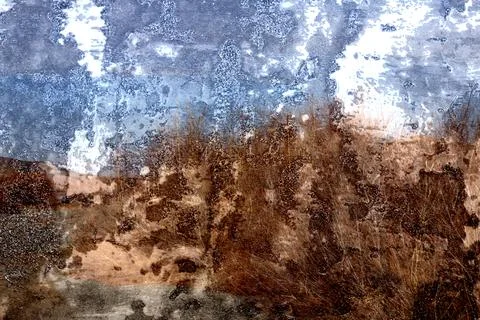 Textured digital composition resembling a rust-covered surface under a pale sky Stock Photos
