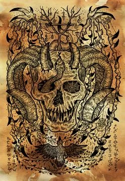 Textured engraved illustration of scary devil or demon with horns, wings, evi Stock Illustration