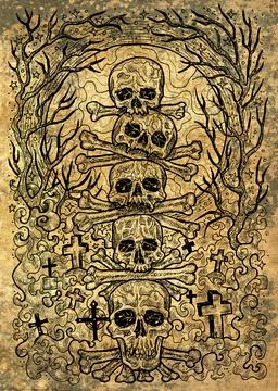 Textured engraved illustration of scary skulls and bones in cemetery with gra Stock Illustration