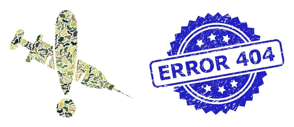 Textured Error 404 Seal and Military Camouflage Collage of Danger Vaccine Stock Illustration