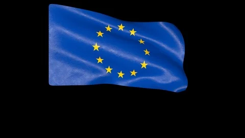 Textured EU flag waving in the wind on transparent background, stars animate on Stock Footage 110047632