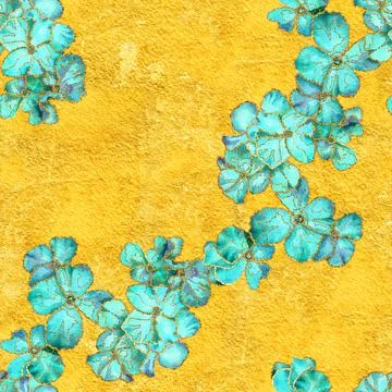 Textured floral seamless pattern. Teal colored flowers with golden streaks Illustrazione stock