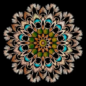 Textured floral vector mandala pattern. Colorful tapestry background. Grunge  스톡 일러스트