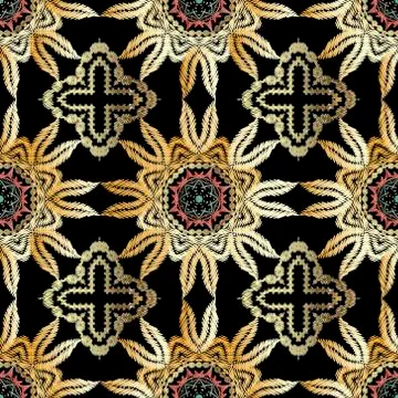 Textured floral vector seamless pattern. Colorful tapestry background. Repeat 스톡 일러스트