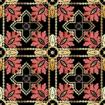 Textured floral vector seamless pattern. Tartan tapestry background. Repeat g 스톡 일러스트