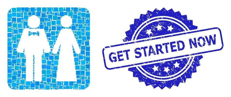 Textured Get Started Now Seal and Square Dot Mosaic Just Married Persons Stock Illustration