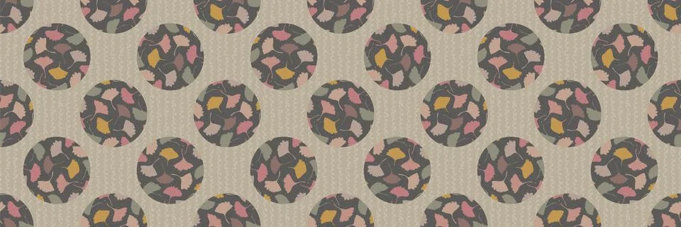 Textured gingko leaf polka dot seamless border pattern. Japanese circle homespun Stock Illustration