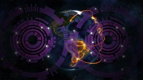 Textured globe receiving data feed, tracing orange arcs as purple HUD rotating Stock Footage 332295956