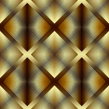 Textured gold 3d lines vector seamless pattern. Golden waffled surface backgr Stock Illustration