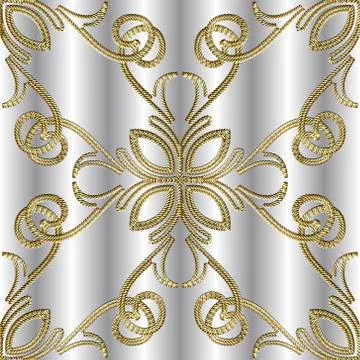 Textured gold 3d seamless pattern. Tapestry floral vector silver background.  库存插图
