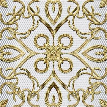Textured gold 3d seamless pattern. Tapestry floral vector silver background.  Illustrazione stock