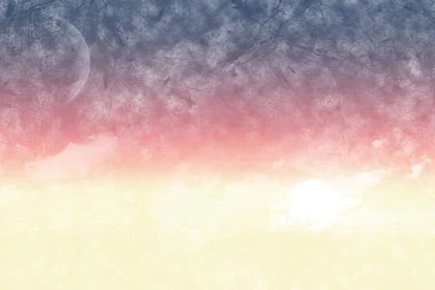 Textured gradient sky vector featuring sun orb rising near horizon right, moon Stock Illustration