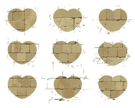 Textured Heart icons with pattern of brick wall and lines of mortar. Vector Stock Illustration