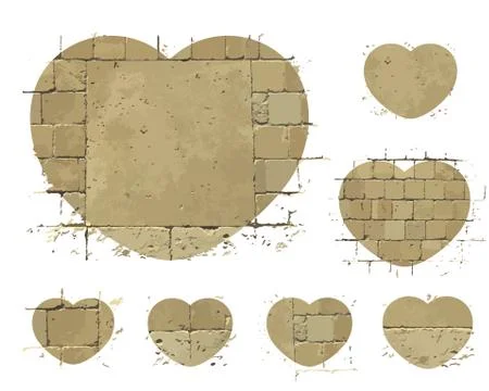 Textured Heart icons with pattern of brick wall and lines of mortar. Vector Illustrazione stock