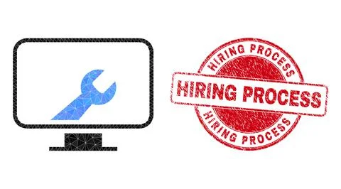 Textured Hiring Process Round Badge And Computer Settings Wrench Low-Poly Icon Stock Illustration