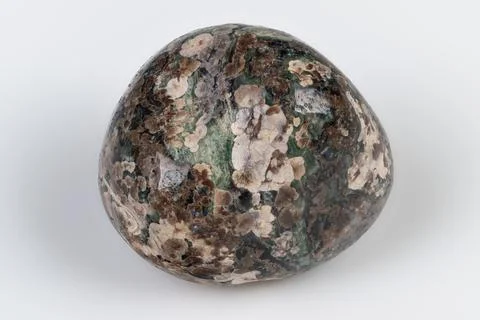 Textured leopard jasper palm stone revealing organic cream green and brown in 写真素材