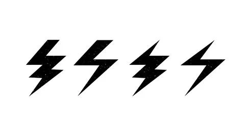 Textured lightning bolt set. Black grunge flash thunderbolt symbols collection Stock Illustration