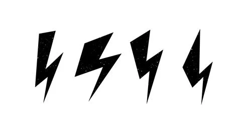 Textured lightning bolt set. Black grunge flash thunderbolt symbols collection 스톡 일러스트