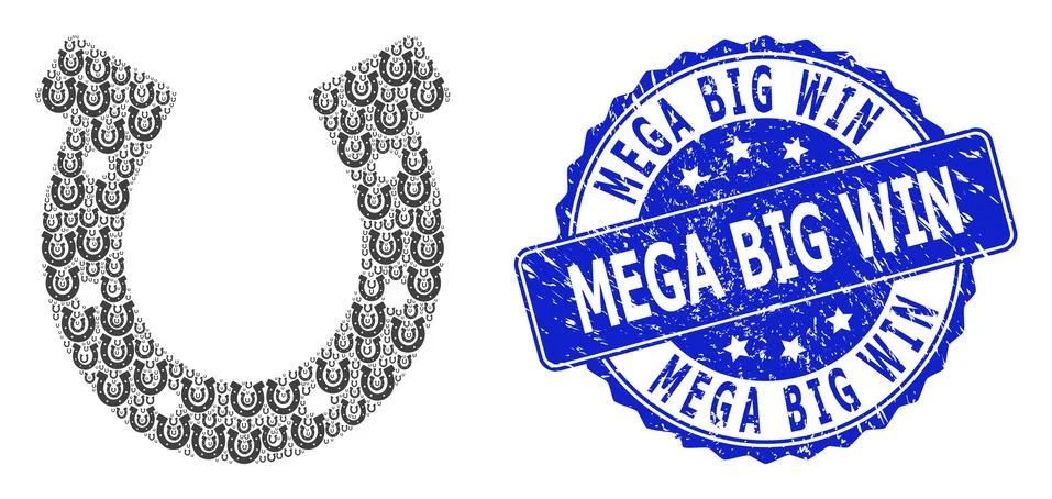Textured Mega Big Win Round Watermark and Recursive Horseshoe Icon Collage Stock Illustration
