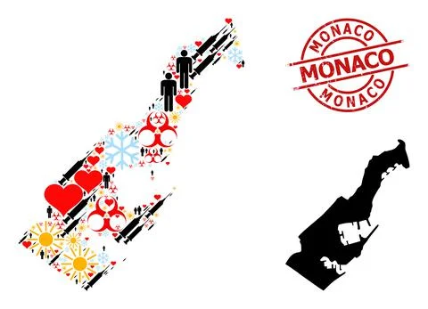 Textured Monaco Badge and Winter Customers Inoculation Mosaic Map of Monaco Stock Illustration