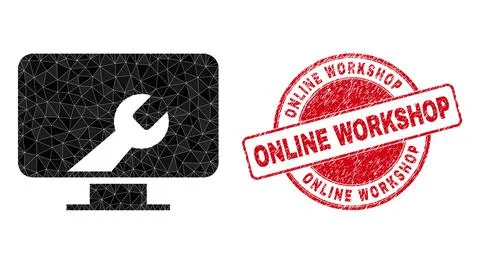 Textured Online Workshop Round Stamp And Computer Settings Wrench Lowpoly Icon Illustrazione stock