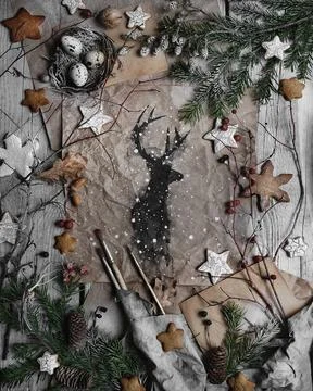 Textured paper with black deer elements Stock Photos