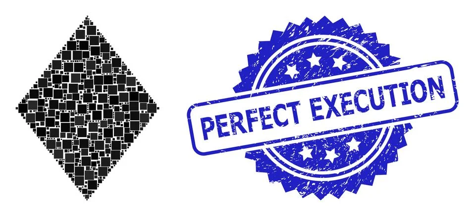 Textured Perfect Execution Seal and Square Dot Collage Filled Rhombus Stock Illustration