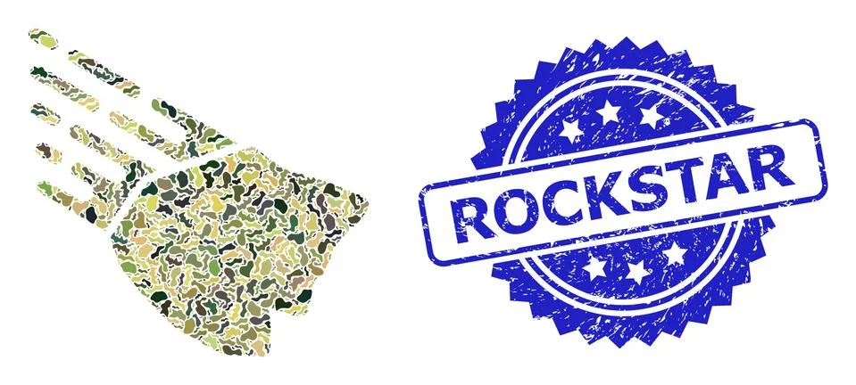 Textured Rockstar Stamp Seal and Military Camouflage Collage of Falling Rock Stock Illustration