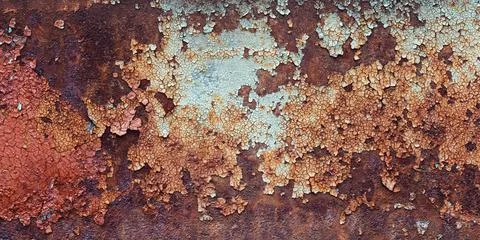 Textured rusty iron sheet background with cracked enamel paint and rust stain Stock-Fotos