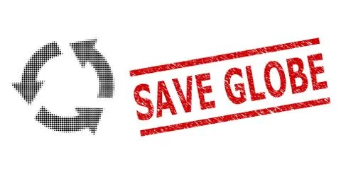 Textured Save Globe Seal Stamp and Halftone Dotted Recycle Illustrazione stock