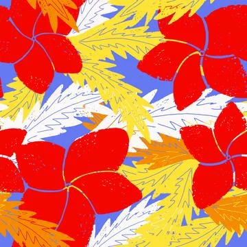 Textured seamless tropical pattern with palm leaves and exotic flowers. Illustrazione stock