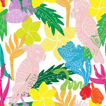 Textured seamless tropical pattern with palm leaves and exotic flowers. Stock-Illustration