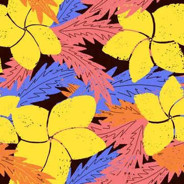 Textured seamless tropical pattern with palm leaves and exotic flowers. Stock-Illustration
