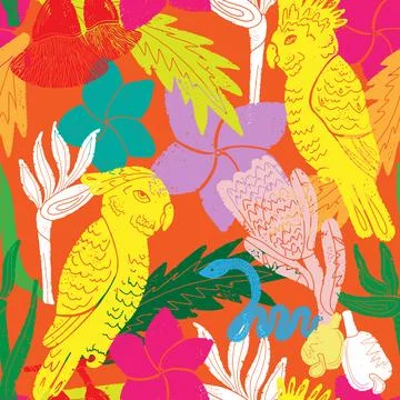 Textured seamless tropical pattern with palm leaves and exotic flowers. Stock-Illustration