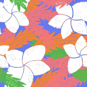Textured seamless tropical pattern with palm leaves and exotic flowers. Stock-Illustration