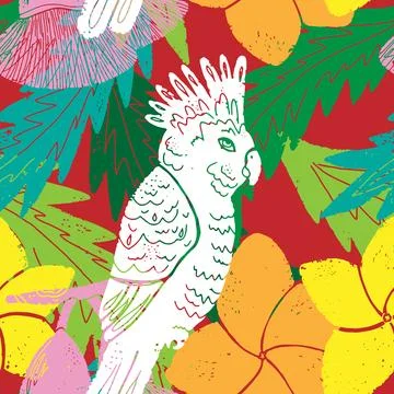 Textured seamless tropical pattern with palm leaves and exotic flowers. Stock Illustration