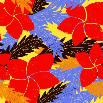 Textured seamless tropical pattern with palm leaves and exotic flowers. Stock-Illustration